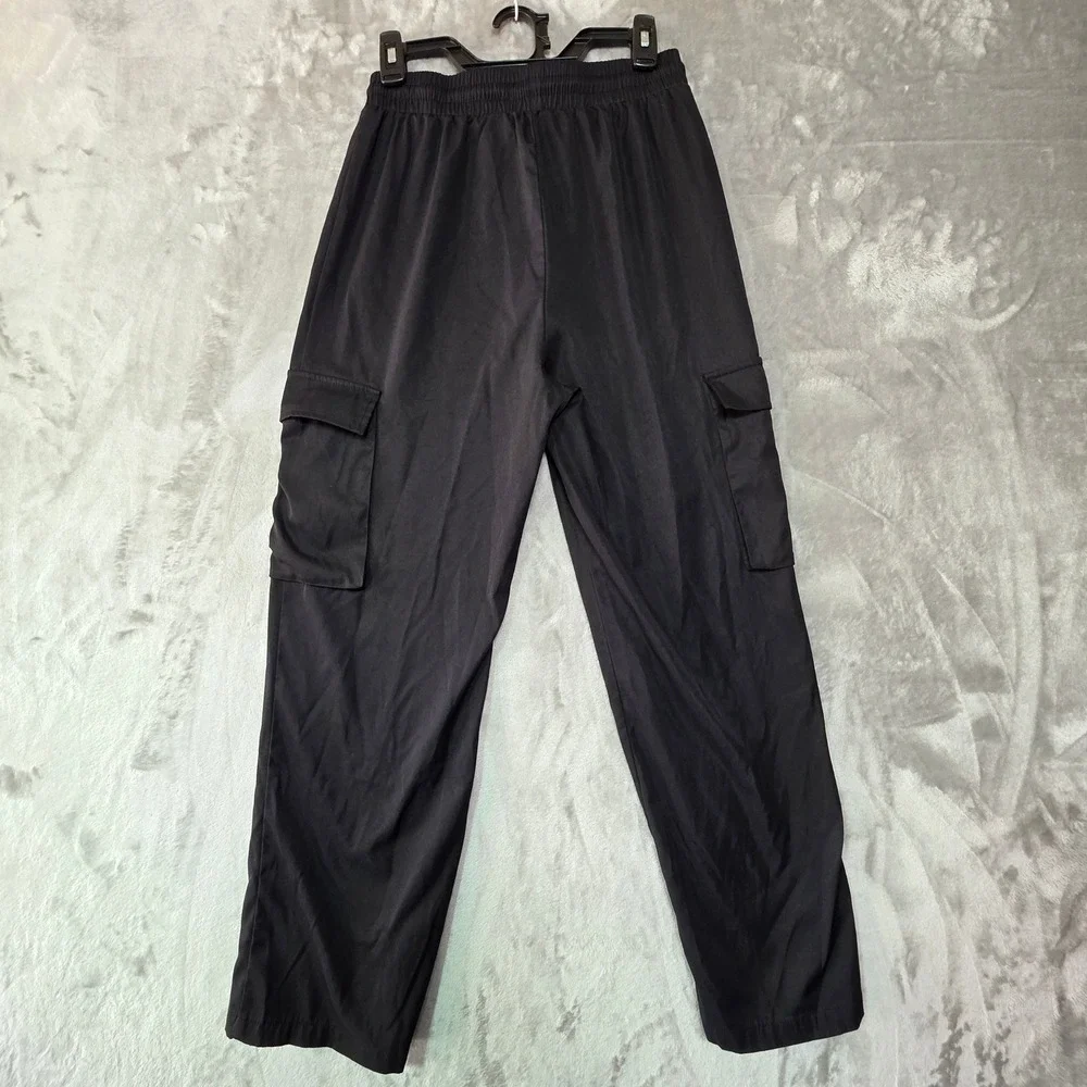 Kids Black Cargo Pants Elastic Waist Drawstring Straight Leg Size M